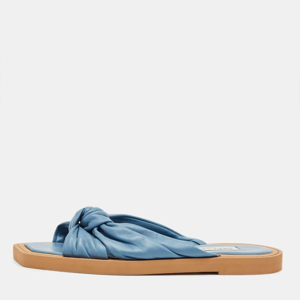 Jimmy Choo Blue Leather Bow Flat Slides Size 41