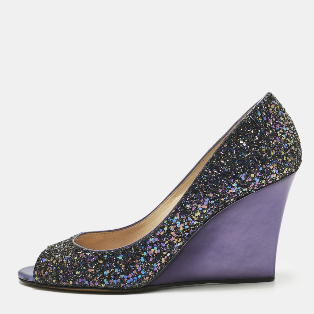 Jimmy Choo Purple Glitter Baxen Peep Toe Wedge Pumps Size 38.5