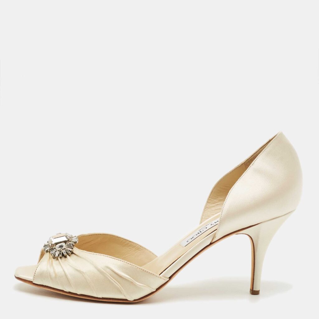 Jimmy Choo Cream Satin Embellished Peep Toe D’orsay Pumps Size 40.5