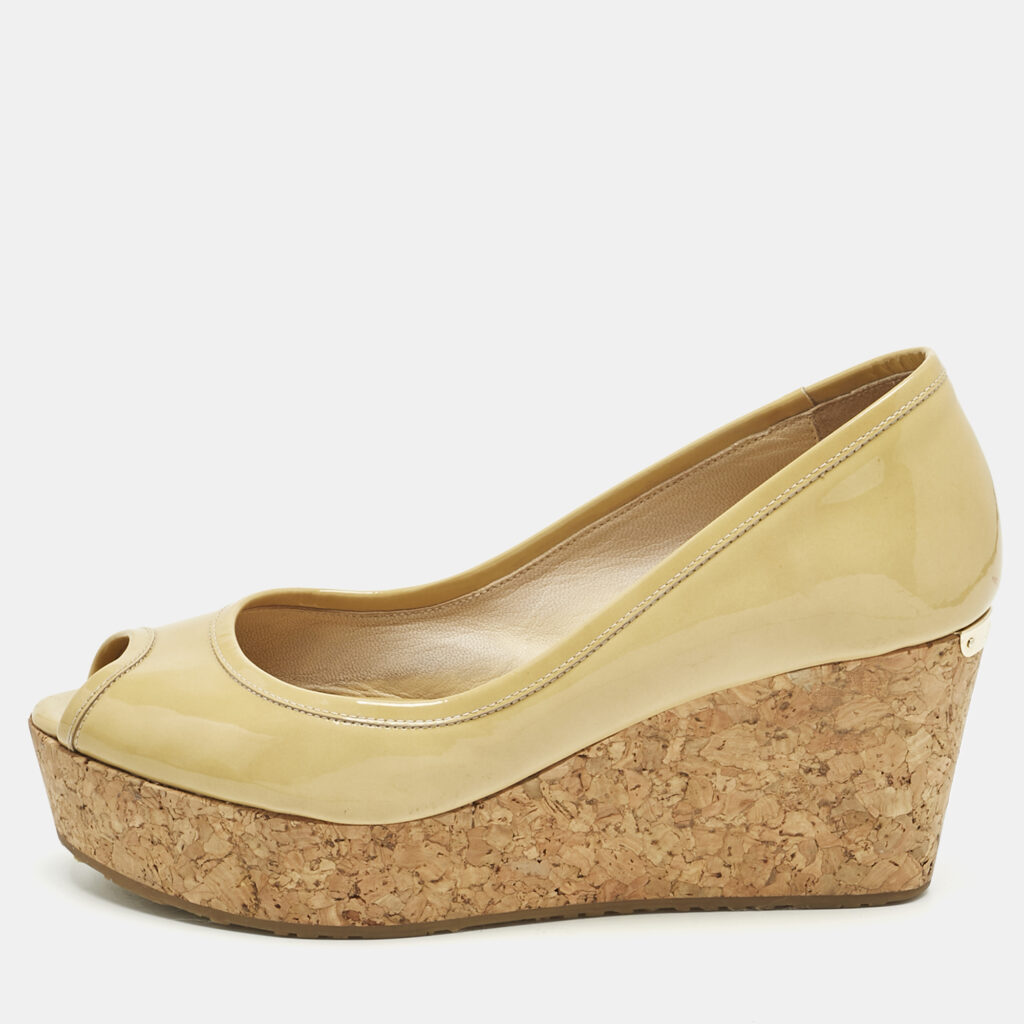 Jimmy Choo Beige Patent Leather Cork Wedge Papina Pumps Size 37.5