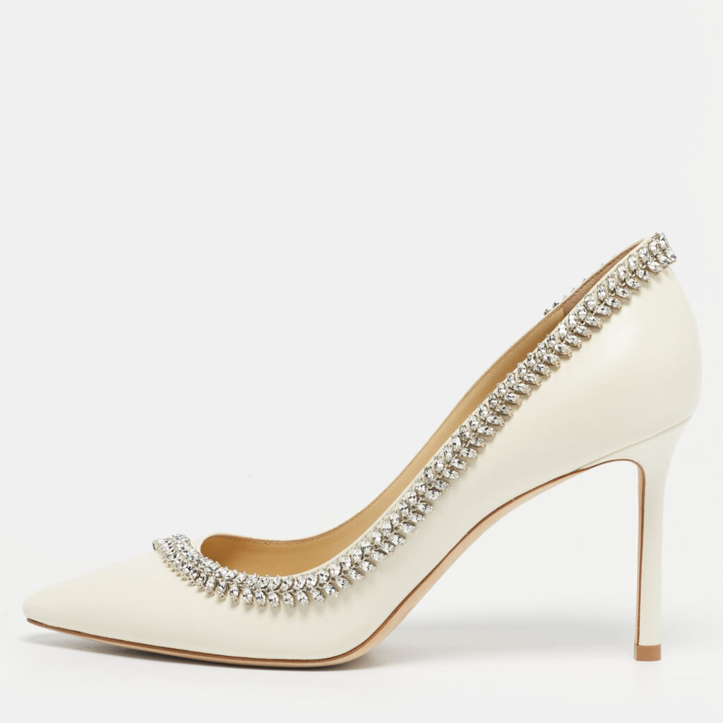 Jimmy Choo Cream Leather Crystal Embellished Romy Pointed Toe Pumps Size 39