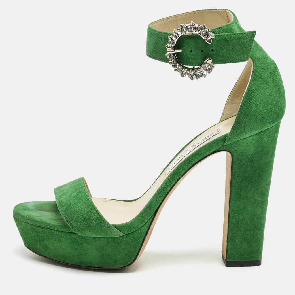 luxury-women-jimmy-choo-used-shoes-p1218197-001-1.jpg Jimmy Choo Green Suede Crystal Embellished Ankle Strap Sandals Size 39