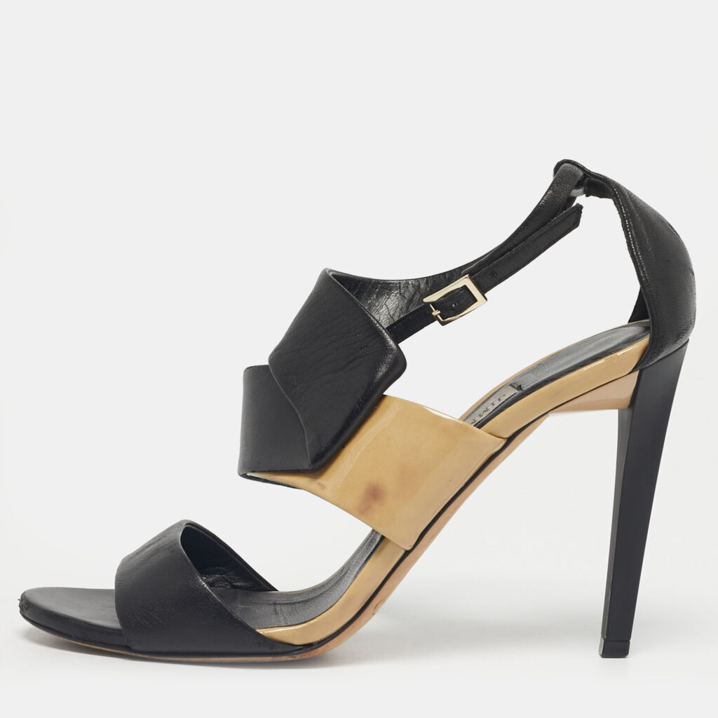 Jimmy Choo Black Patent and Leather Trapeze Ankle Strap Sandals Size 36