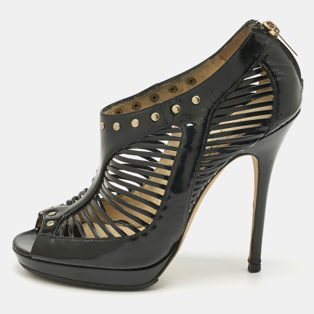 Jimmy Choo Black Patent Leather caged Open Toe Pumps Size 38