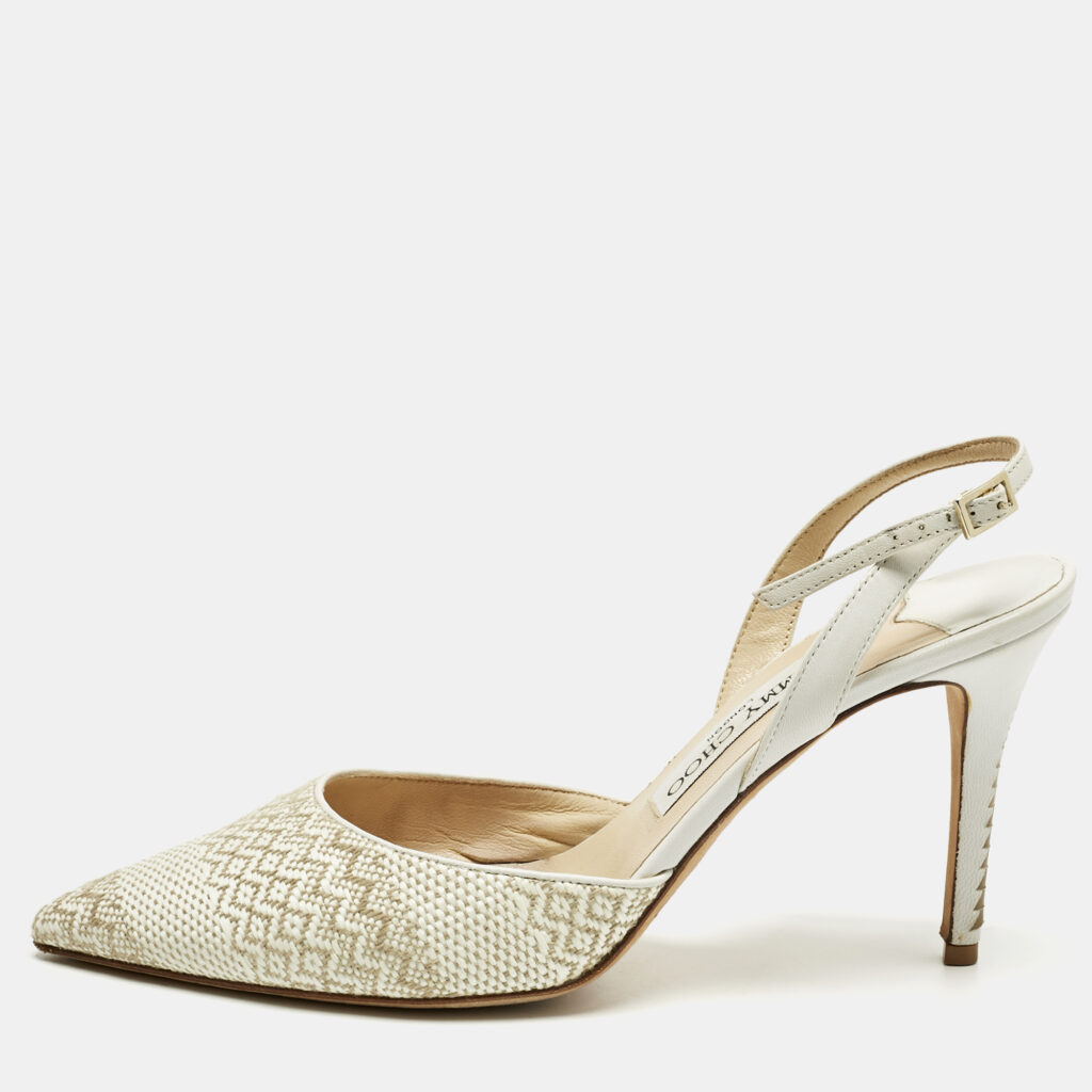 Jimmy Choo White/Cream Woven Tilly Pointed Toe Slingback Pumps Size 39