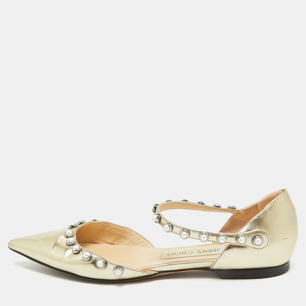 Jimmy Choo Gold Leather Pearl Embellish Leema Ankle Strap Flats Size 35.5 Jimmy Choo Gold Leather Pearl Embellish Leema Ankle Strap Flats Size 35.5