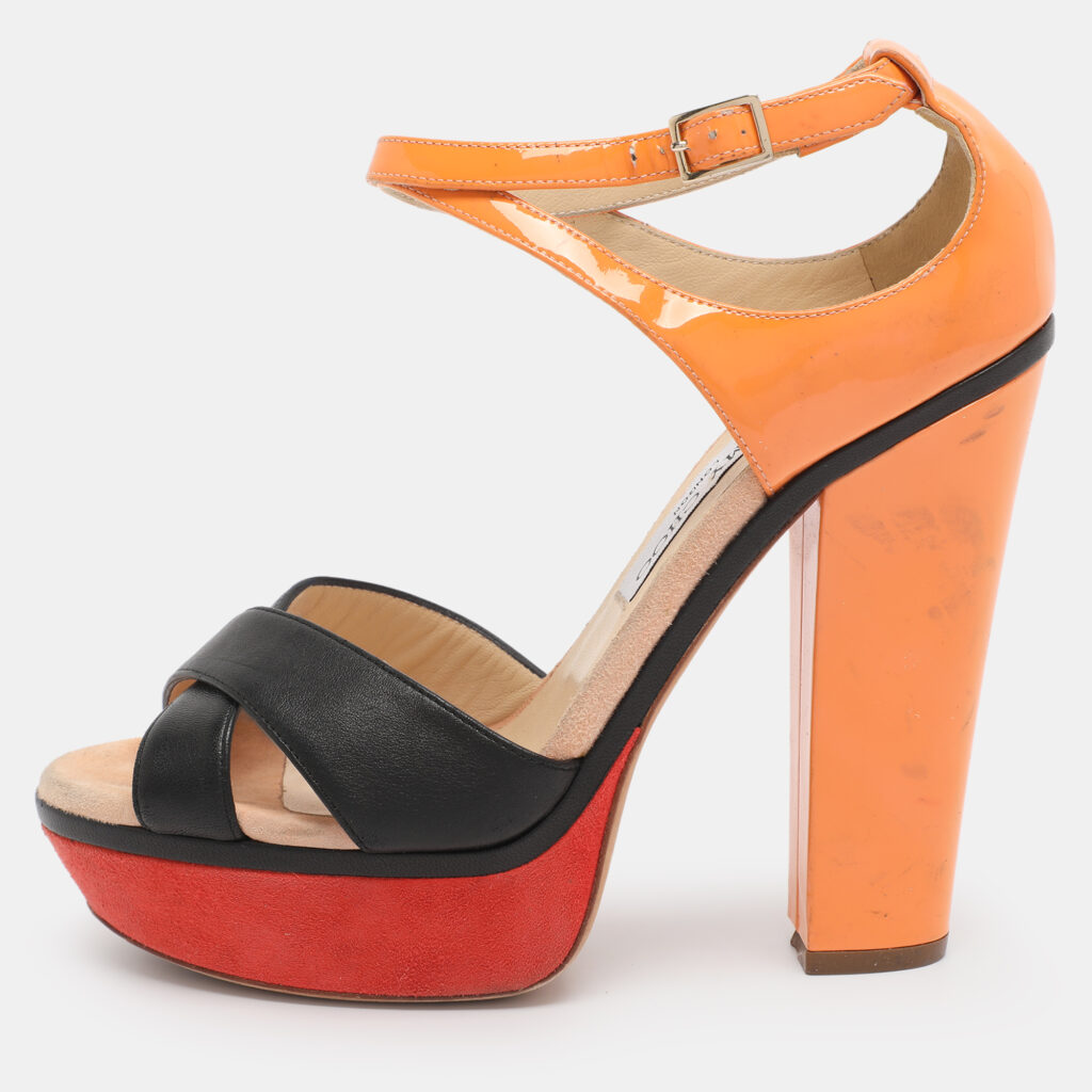 luxury-women-jimmy-choo-used-shoes-p1219854-001-1.jpg Jimmy Choo Tricolor Leather Cross Strap Platform Block Heel Sandals Size 38.5
