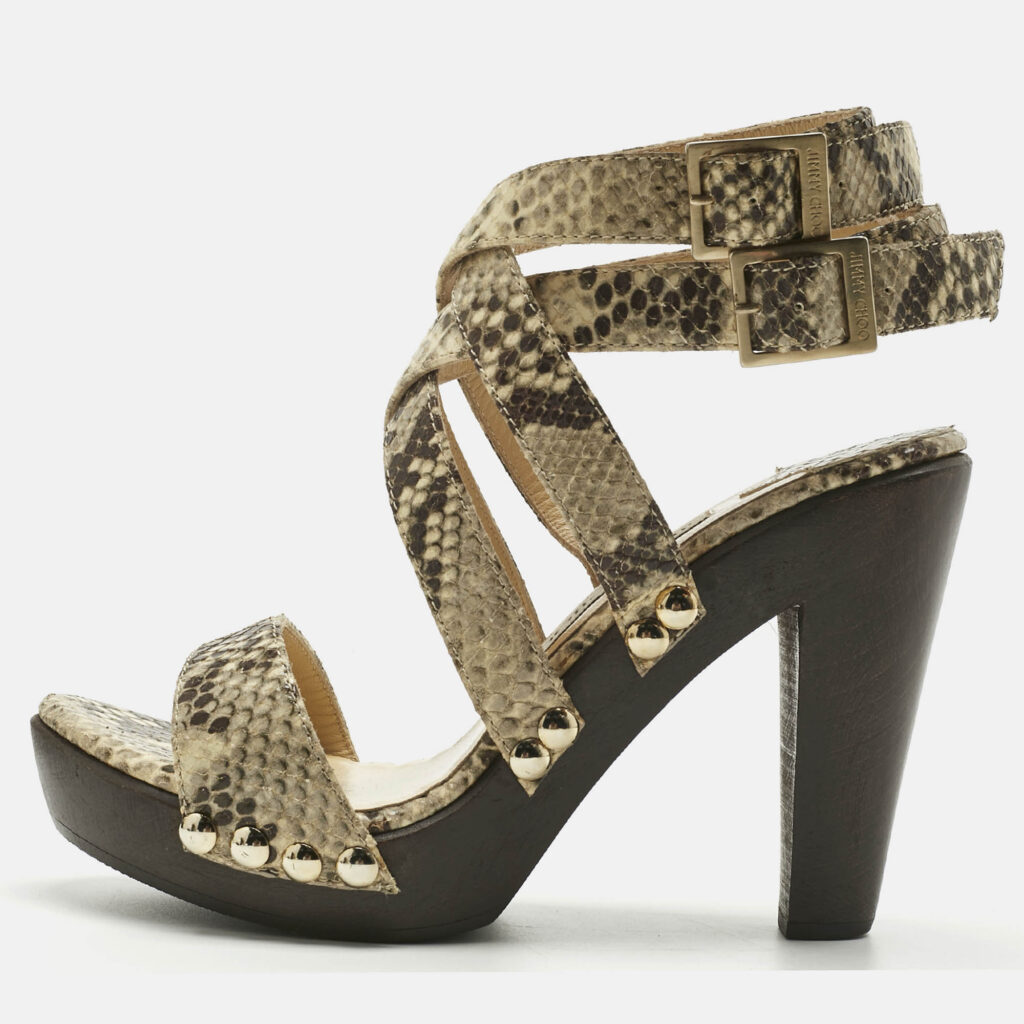 Jimmy Choo Beige Python Embossed Leather Unity Strappy Wooden Sandals Size 37