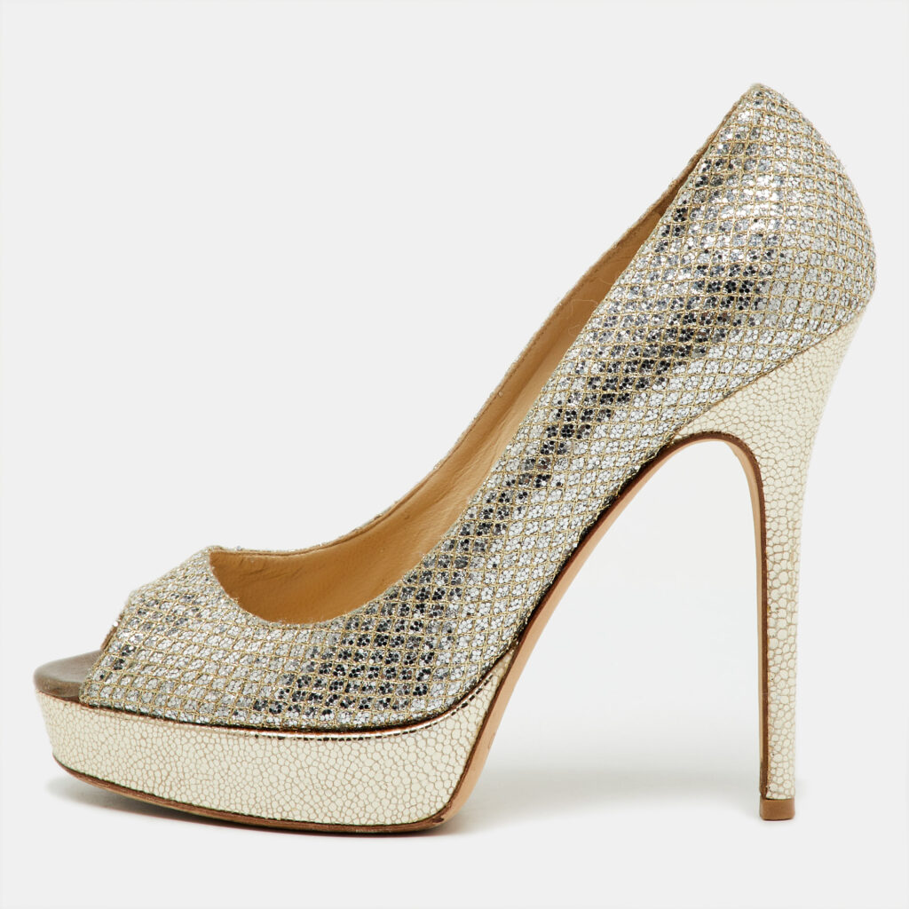 Jimmy Choo Metallic Gold Glitter Fabric Dahlia Peep Toe Platform Pumps Size 38.5 Jimmy Choo Metallic Gold Glitter Fabric Dahlia Peep Toe Platform Pumps Size 38.5
