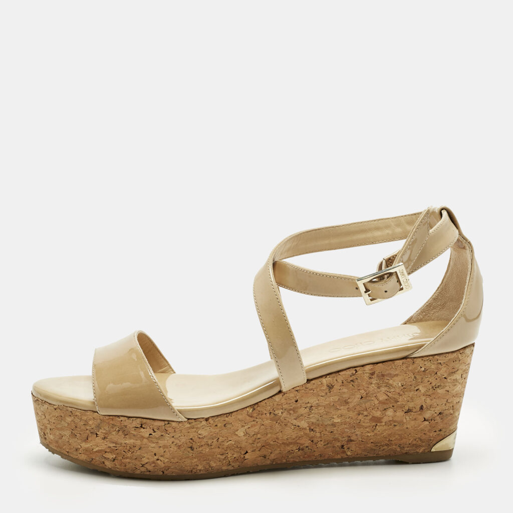 Jimmy Choo Beige Patent Leather Cork Wedge Cross Strap Sandals Size 40 Jimmy Choo Beige Patent Leather Cork Wedge Cross Strap Sandals Size 40