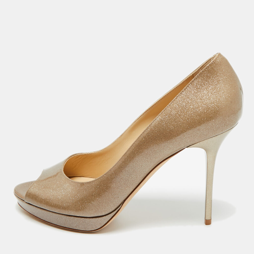 Jimmy Choo Metallic Gold Patent Leather Peep Toe Pumps Size 39