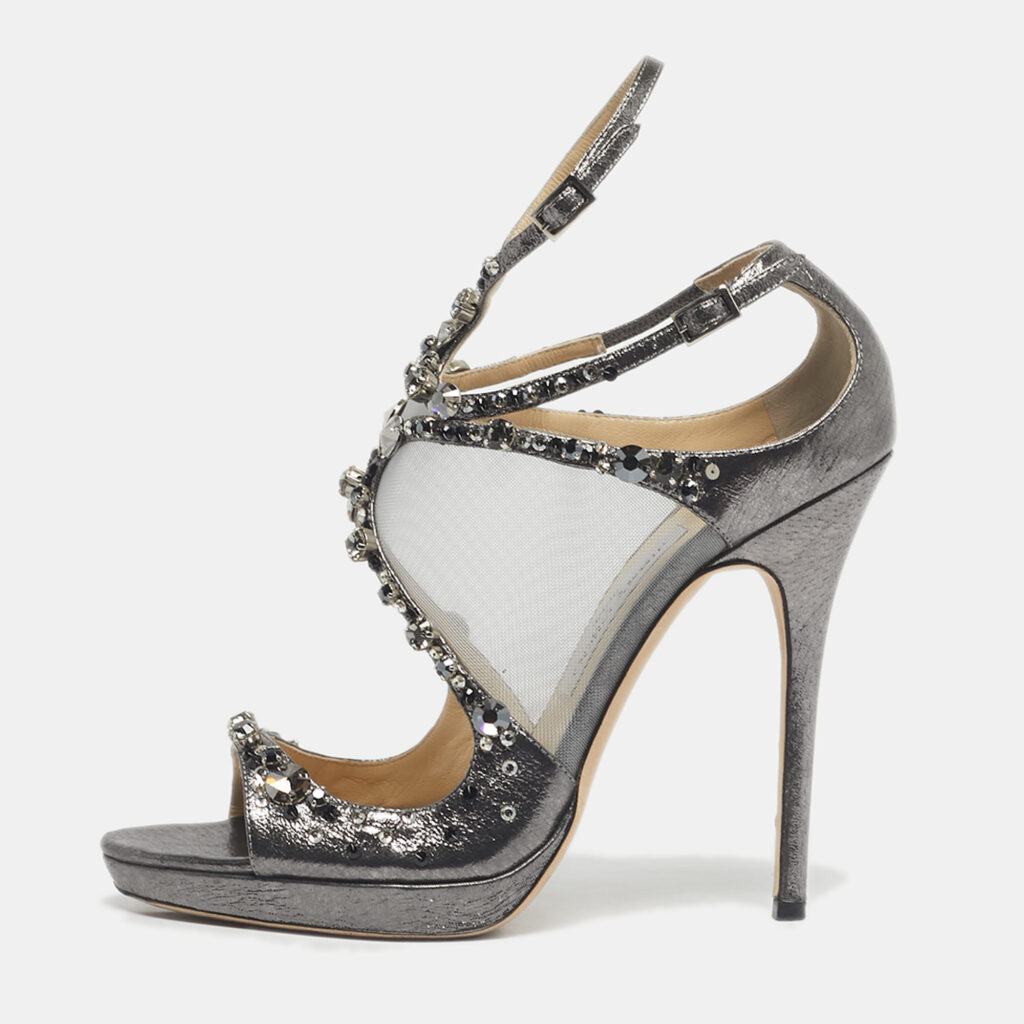 luxury-women-jimmy-choo-used-shoes-p1222565-001.jpg Jimmy Choo Silver Leather and Mesh Crystal Embellished Viola Sandals Size 38