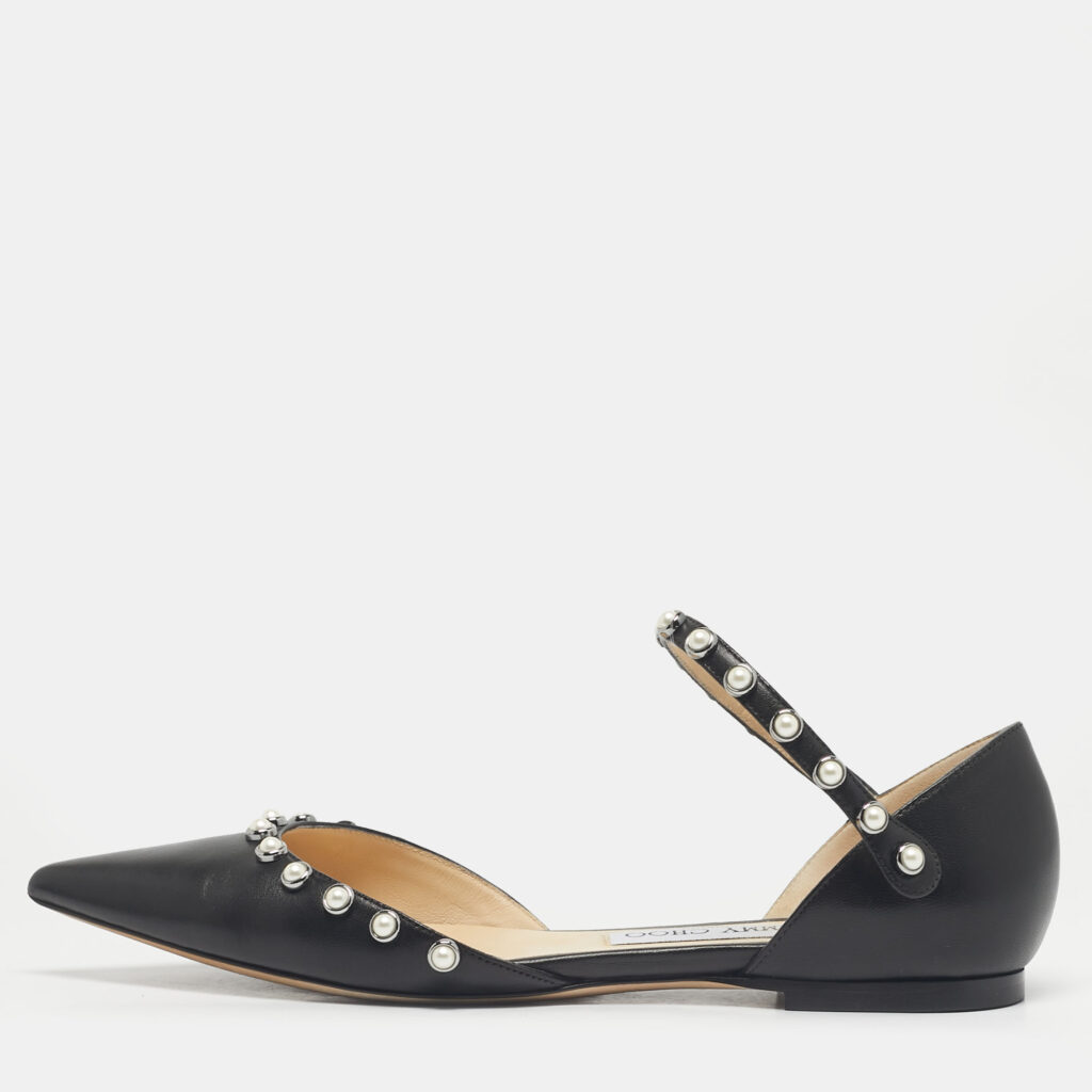 Jimmy Choo Black Leather Pearl Embellish Leema Ankle Strap Flats Size 38