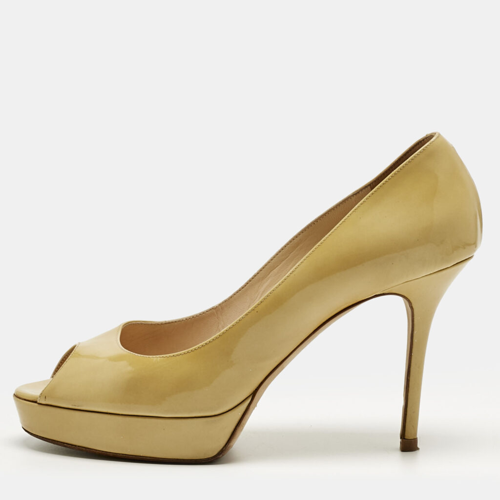 Jimmy Choo Beige Patent Leather Crown Peep Toe Platform Pumps Size 40.5 Jimmy Choo Beige Patent Leather Crown Peep Toe Platform Pumps Size 40.5