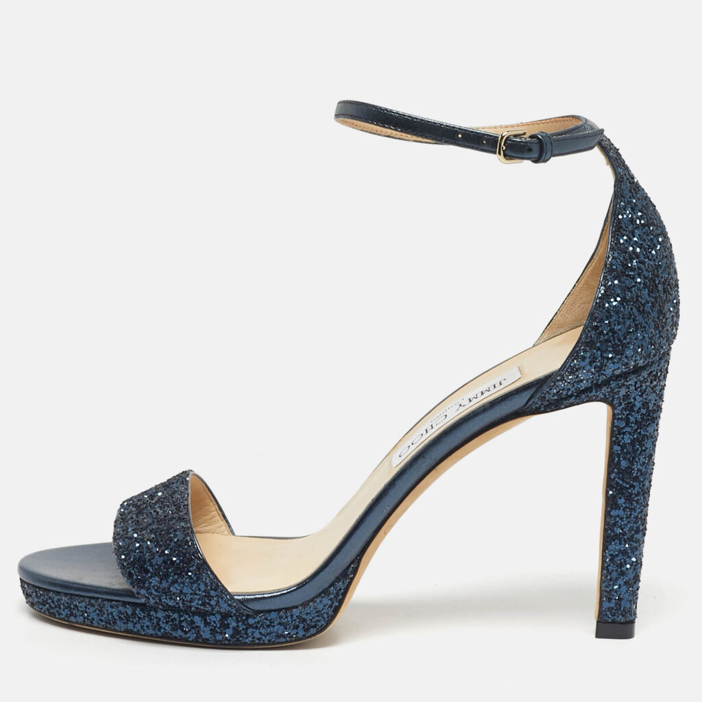 Jimmy Choo Metallic Blue Glitter and Leather Ankle Strap Sandals Size 40 Jimmy Choo Metallic Blue Glitter and Leather Ankle Strap Sandals Size 40