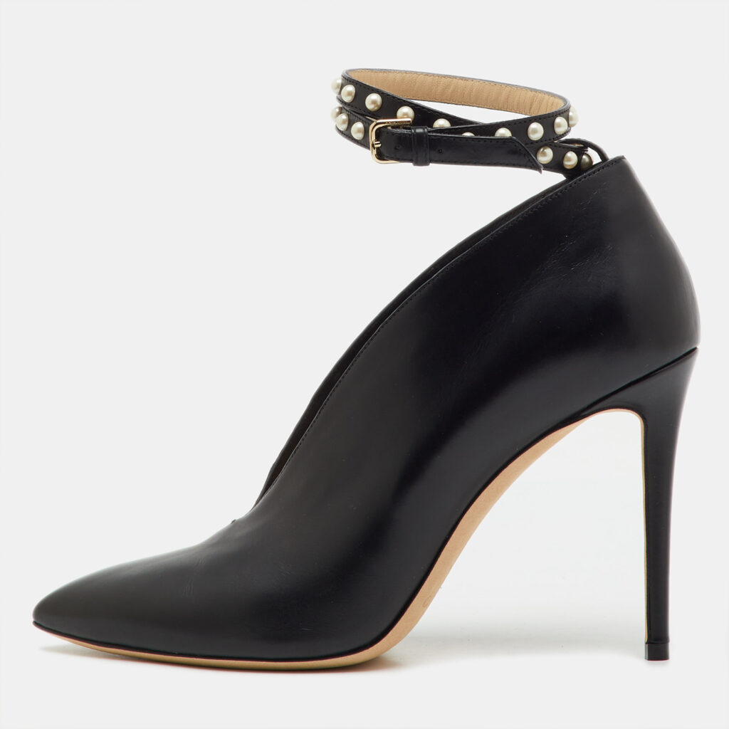 Jimmy Choo Black Leather Pointed Toe Lark Pearl Ankle Strap Pumps Size 40
