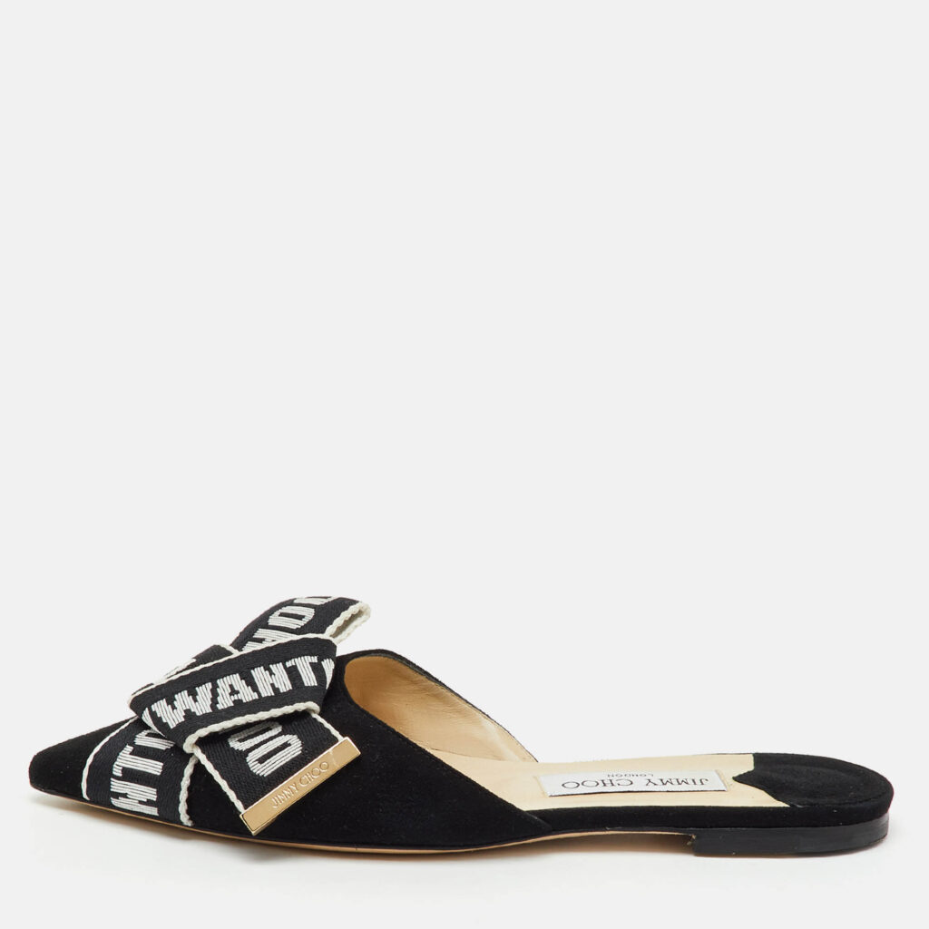 luxury-women-jimmy-choo-used-shoes-p1224508-010-1.jpg Jimmy Choo Black Suede Logo Web Gretchen Flat Mules Size 38