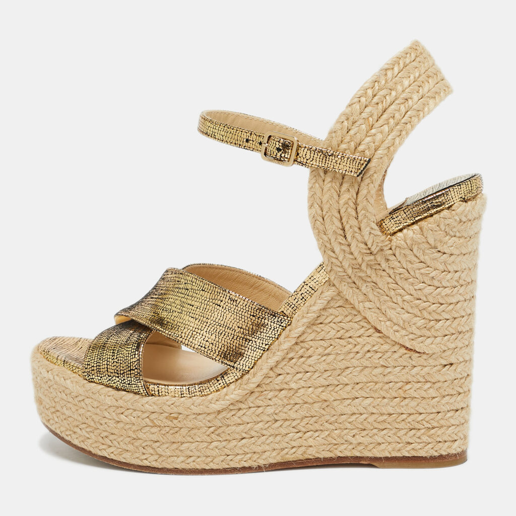 Jimmy Choo Gold Foil Leather Espadrille Wedge Sandals Size 37