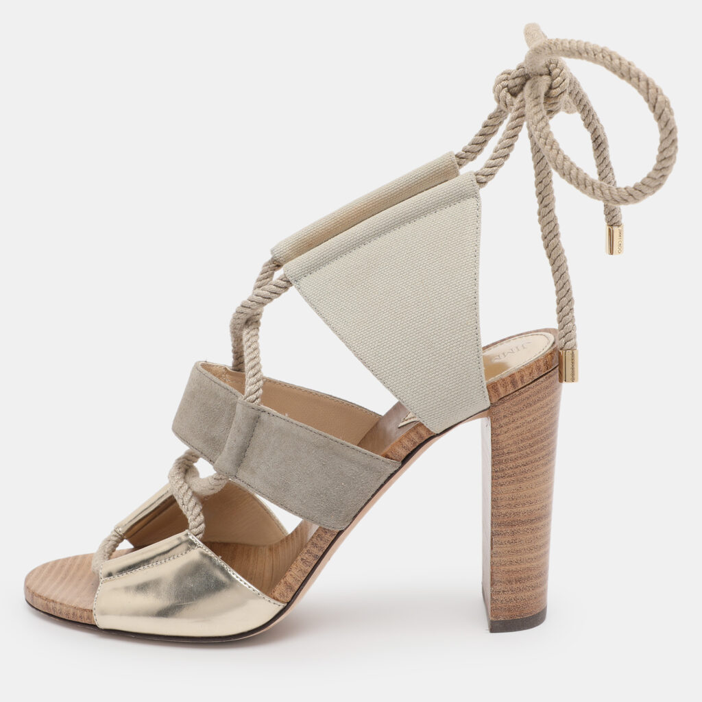 Jimmy Choo Grey/Gold Canvas and Leather Henni Cut Out Sandals Size 39 Jimmy Choo Grey/Gold Canvas and Leather Henni Cut Out Sandals Size 39