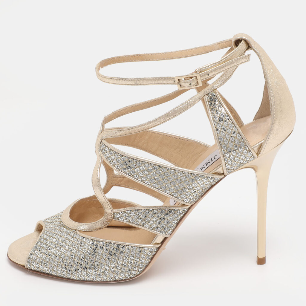 Jimmy Choo Gold Glitter and Lame Fabric Kelsey Strappy Sandals Size 39