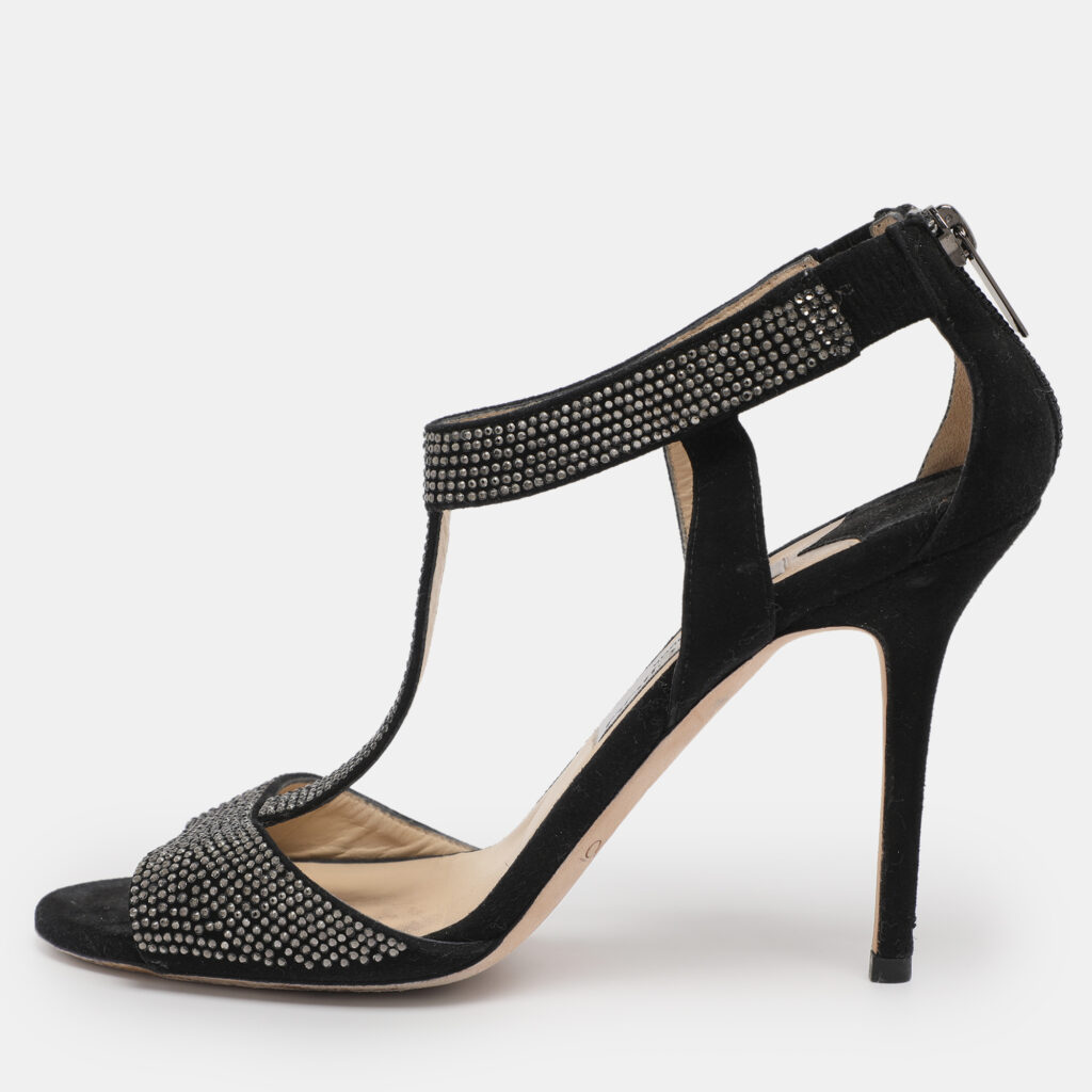 Jimmy Choo Black Suede Glint Rhinestone Strappy Sandals Size 38.5 Jimmy Choo Black Suede Glint Rhinestone Strappy Sandals Size 38.5