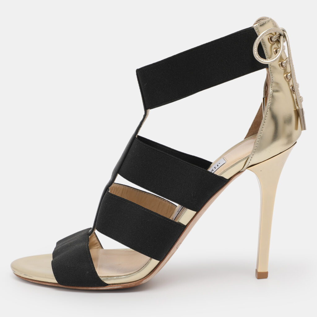 Jimmy Choo Gold/Black Leather And Elastic Cage Sandals Size 38.5 Jimmy Choo Gold/Black Leather And Elastic Cage Sandals Size 38.5