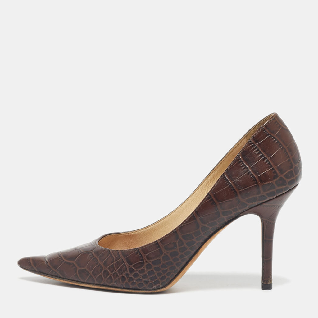 Jimmy Choo Brown Croc Embossed Leather Love Pumps Size 37
