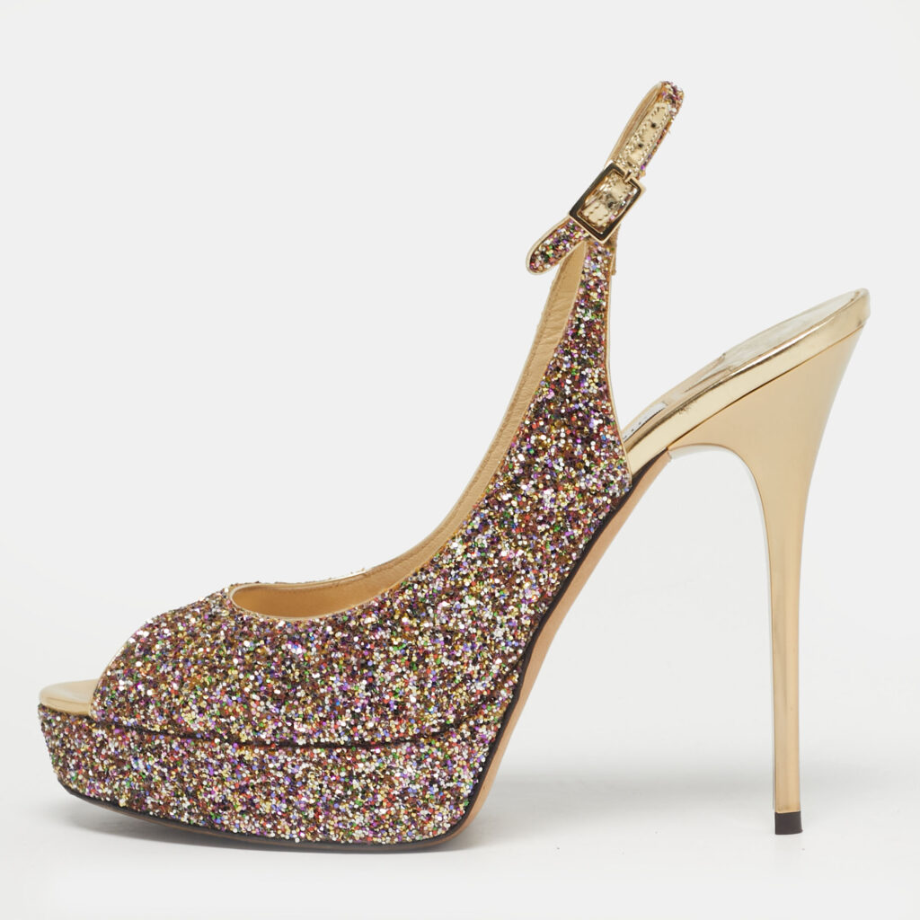 Jimmy Choo Multicolor Glitter Accents Peep Toe Slingback Pumps Size 38