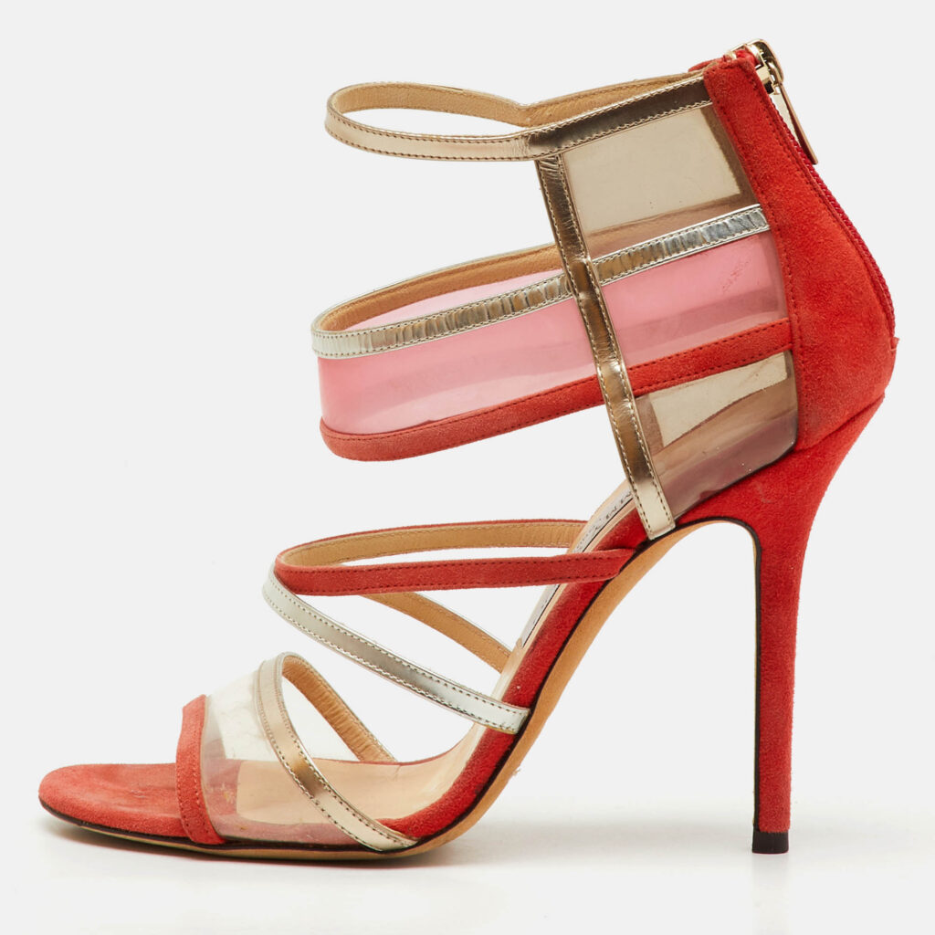 Jimmy Choo Orange/Metallic Suede, PVC and Leather Strappy Sandals Size 38 Jimmy Choo Orange/Metallic Suede, PVC and Leather Strappy Sandals Size 38