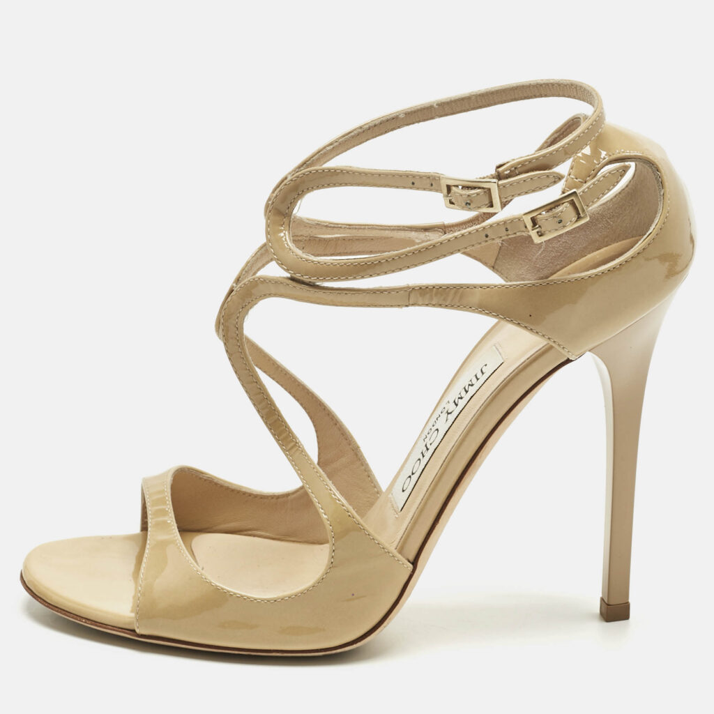 Jimmy Choo Beige Patent Leather Lance Ankle Strap Sandals Size 38