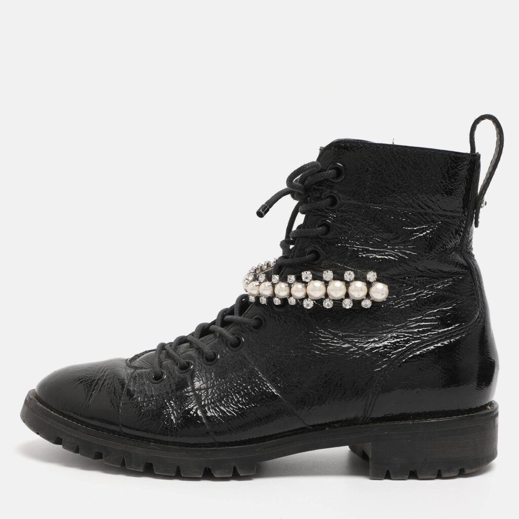 Jimmy Choo Black Patent Leather Cruz Combat Boots Size 37.5 Jimmy Choo Black Patent Leather Cruz Combat Boots Size 37.5
