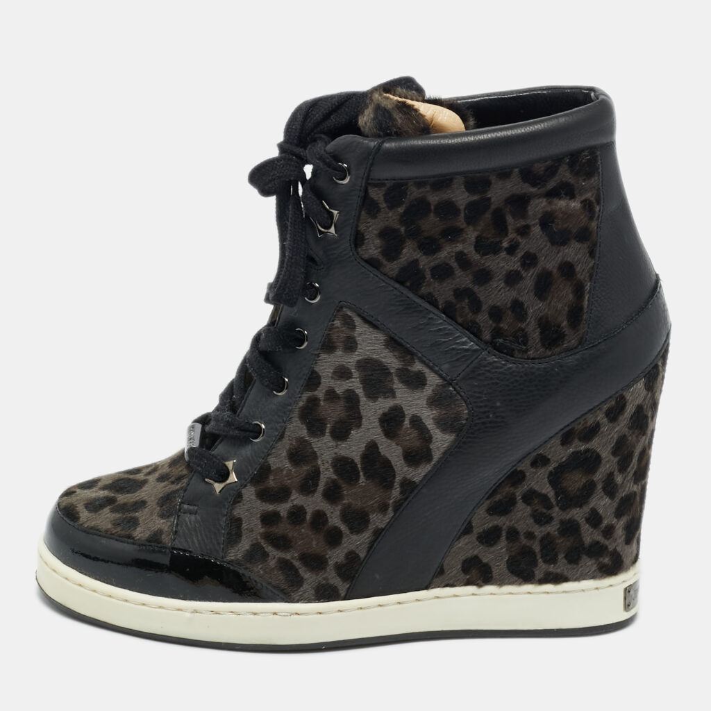 Jimmy Choo Brown/Black Leopard Print Calf Hair and Leather Wedge Sneakers Size 37 Jimmy Choo Brown/Black Leopard Print Calf Hair and Leather Wedge Sneakers Size 37