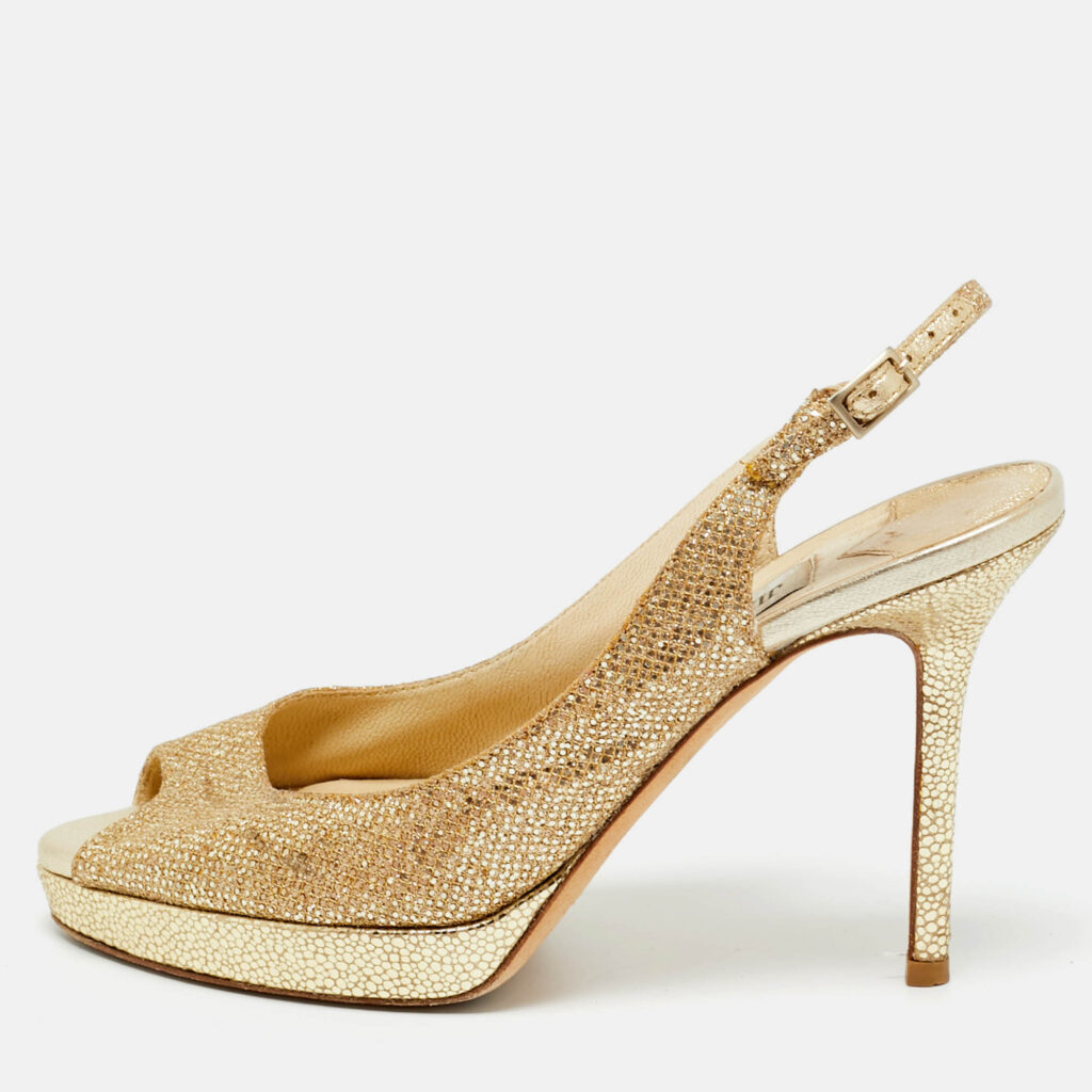Jimmy Choo Gold Lurex Fabric verity Peep Toe Pumps Size 36