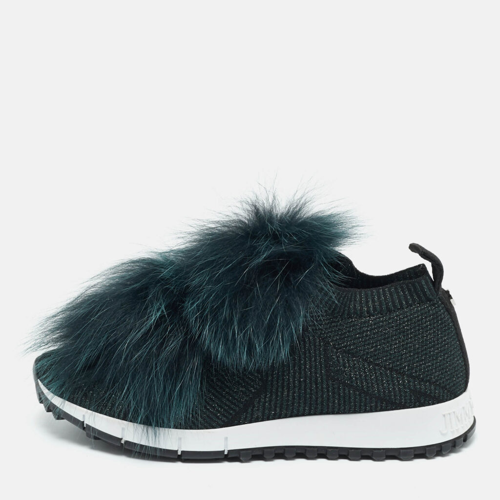 Jimmy Choo Green Fur and Lurex Fabric Norway Pom Pom Sneakers Size 36.5