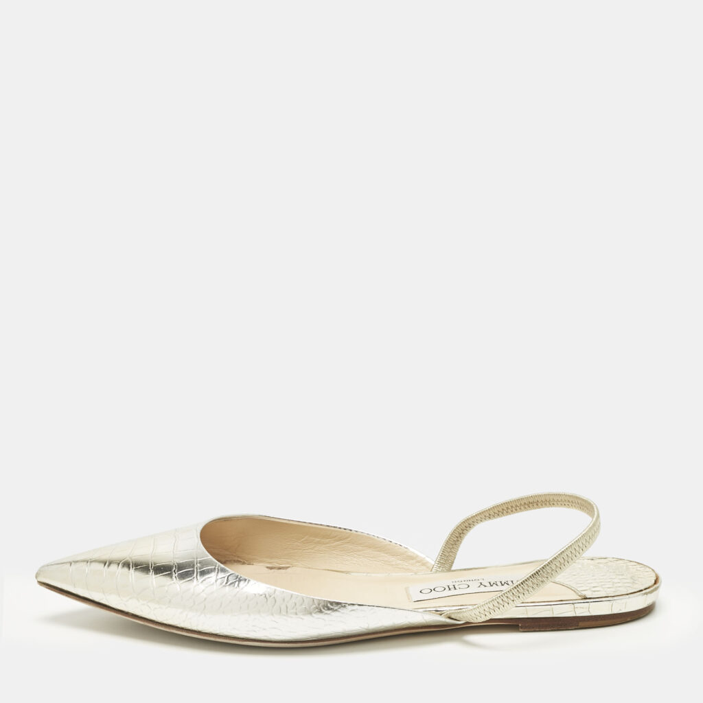 Jimmy Choo Silver/Gold Croc Embossed Leather Genoa Flat Mules Size 40