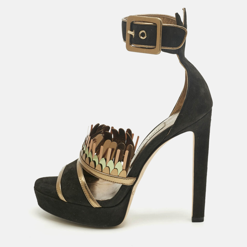 Jimmy Choo Black/Gold Suede Kathleen Open Toe Ankle Cuff Sandals Size 36 Jimmy Choo Black/Gold Suede Kathleen Open Toe Ankle Cuff Sandals Size 36