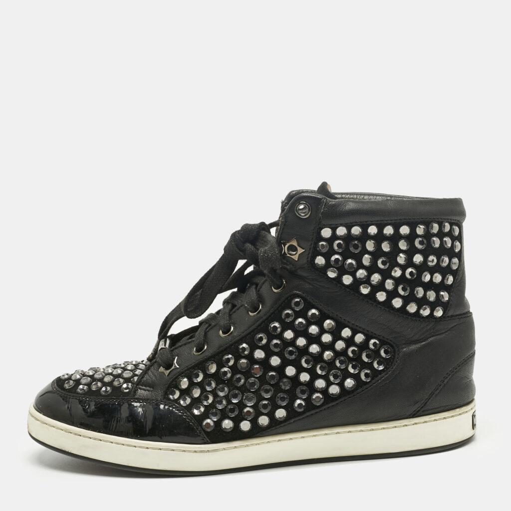 Jimmy Choo Black Leather and Suede Crystal Embellish High Top Sneakers Size 37 Jimmy Choo Black Leather and Suede Crystal Embellish High Top Sneakers Size 37