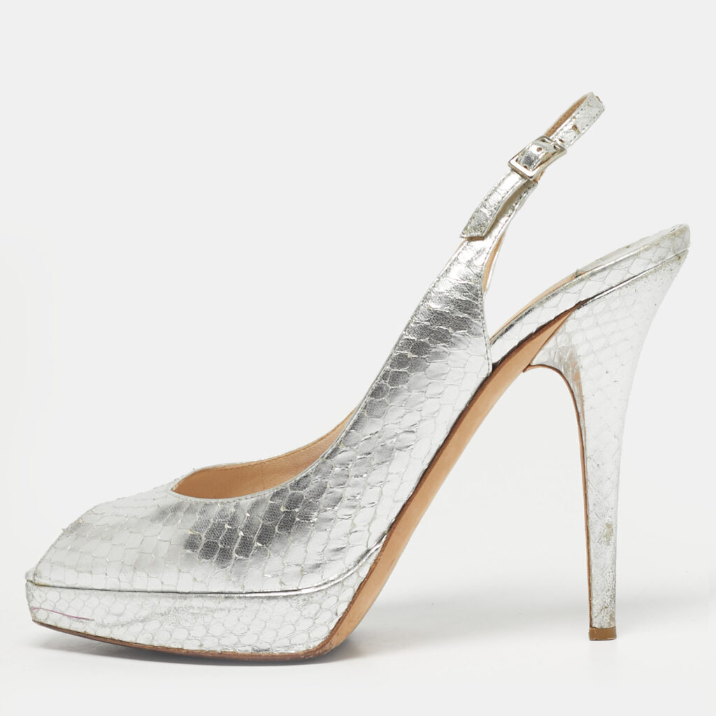 Jimmy Choo Silver Python Embossed Leather Nova Peep Toe Pumps Size 38