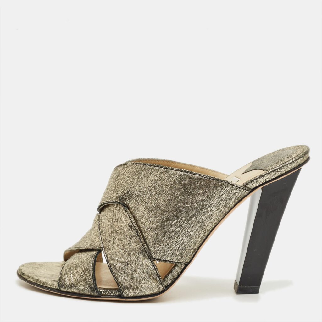 Jimmy Choo Metallic Crisscross Leather Slide Sandals Size 38.5