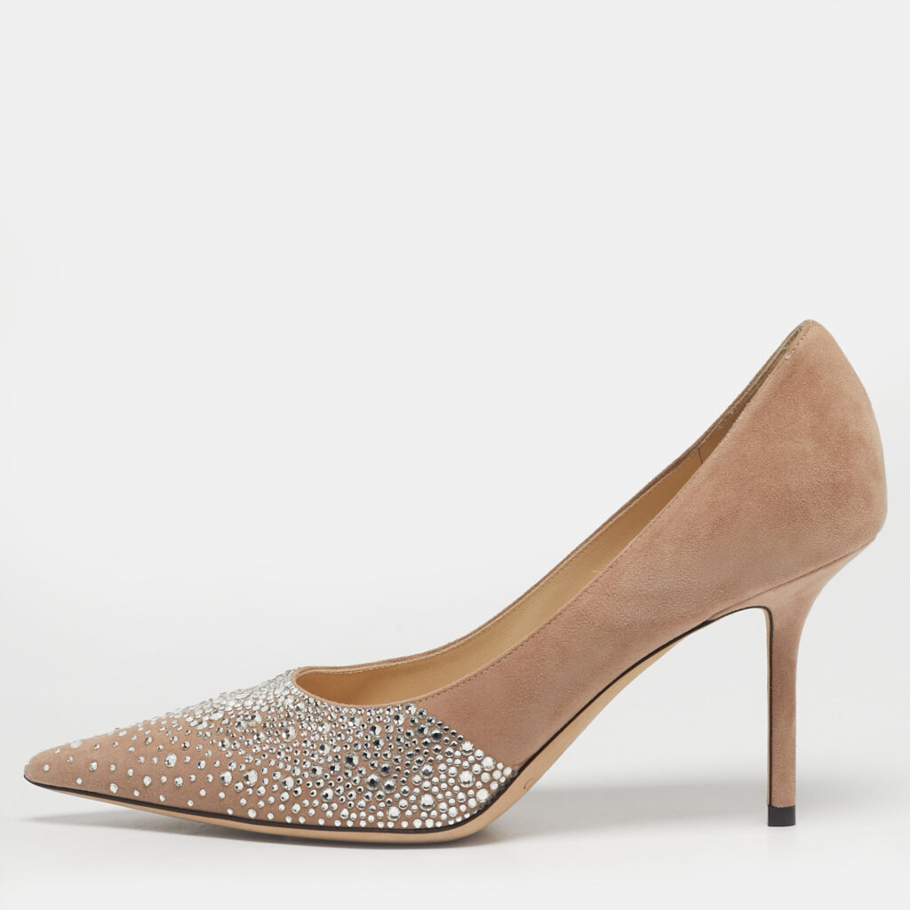 Jimmy Choo Beige Suede Crystal Embellish Love Pumps Size 37.5
