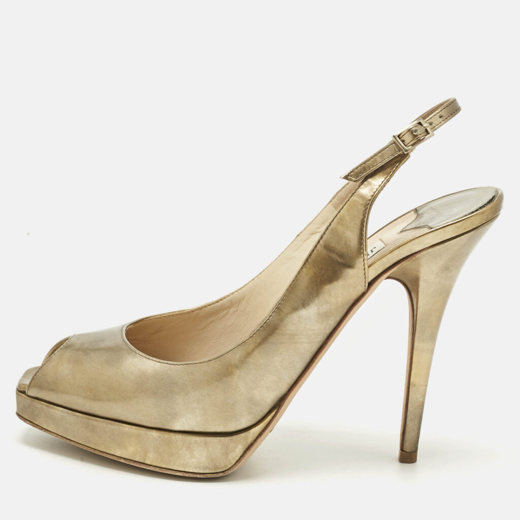 Jimmy Choo Gold Leather Nova Peep Toe Slingback Pumps Size 38