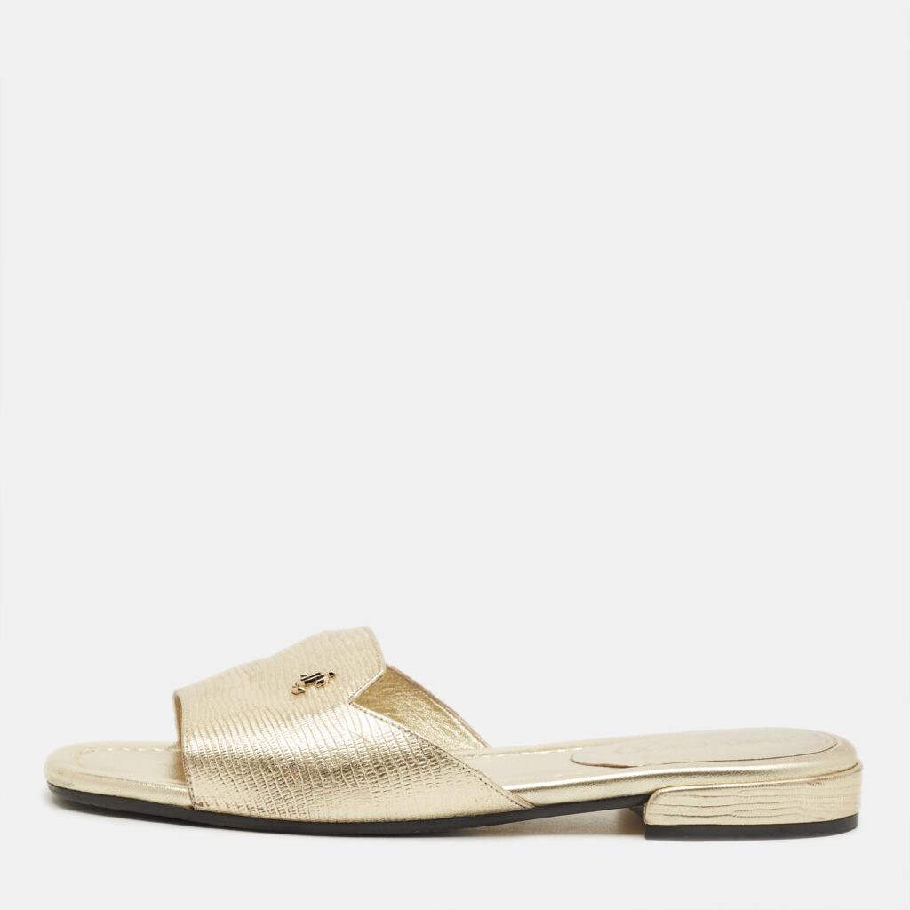 Jimmy Choo Gold Lizard Embossed Leather Dina Flat Slides Size 37 Jimmy Choo Gold Lizard Embossed Leather Dina Flat Slides Size 37