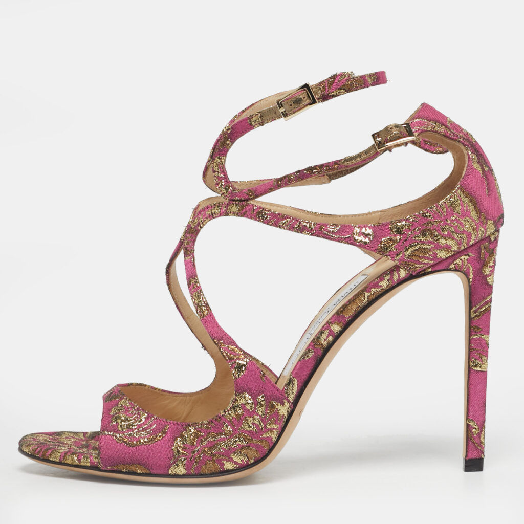 Jimmy Choo Purple Brocade Fabric Azia Ankle Strap Sandals Size 39