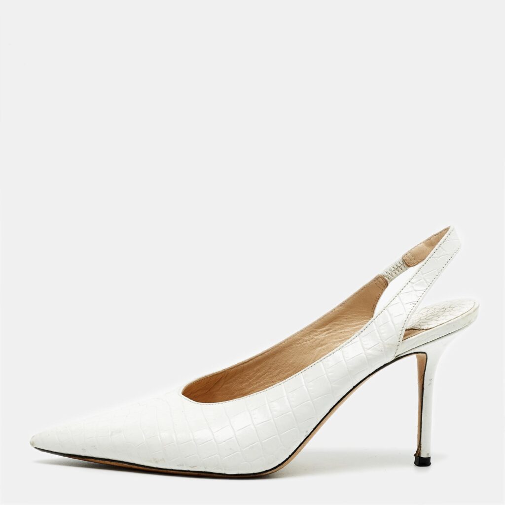 Jimmy Choo White Croc Embossed Leather Ivy Slingback Pumps Size 39
