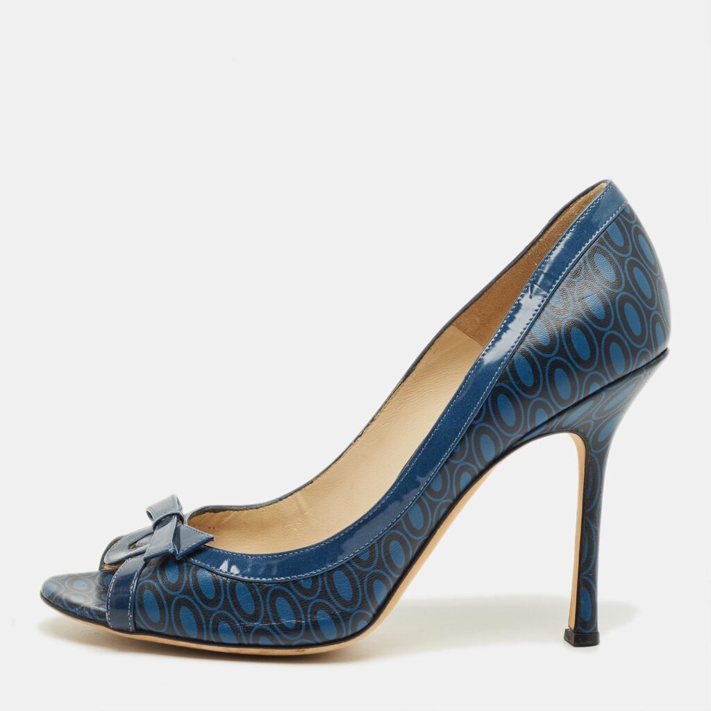 Jimmy Choo Blue Printed Leather and Patent Peep Toe Pumps Size 40.5 Jimmy Choo Blue Printed Leather and Patent Peep Toe Pumps Size 40.5