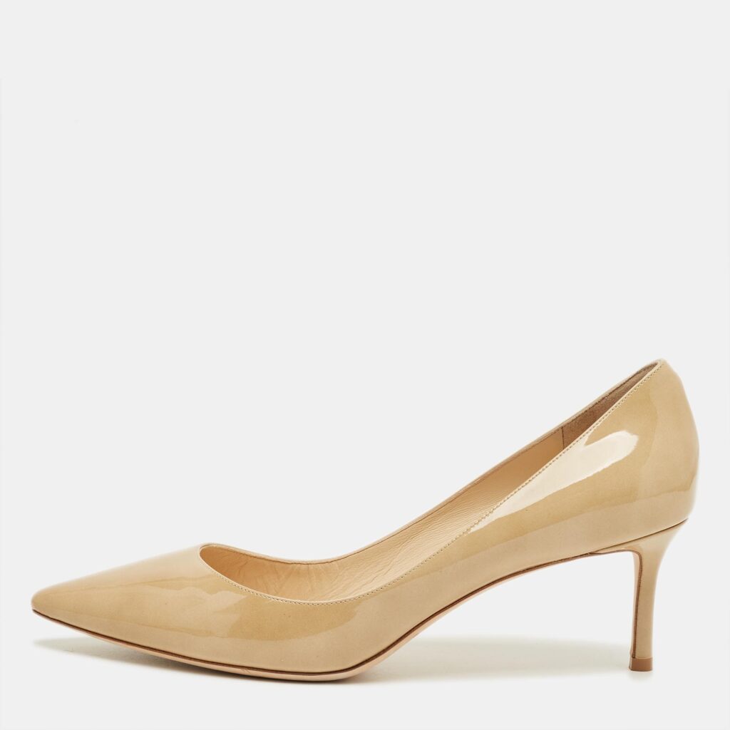 luxury-women-jimmy-choo-used-shoes-p1237838-001-1.jpg Jimmy Choo Beige Patent Leather Romy Pointed Toe Pumps Size 42