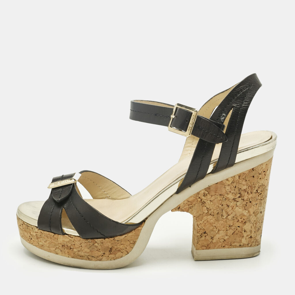 Jimmy Choo Black Leather Cork Ankle Strap Sandals Size 36