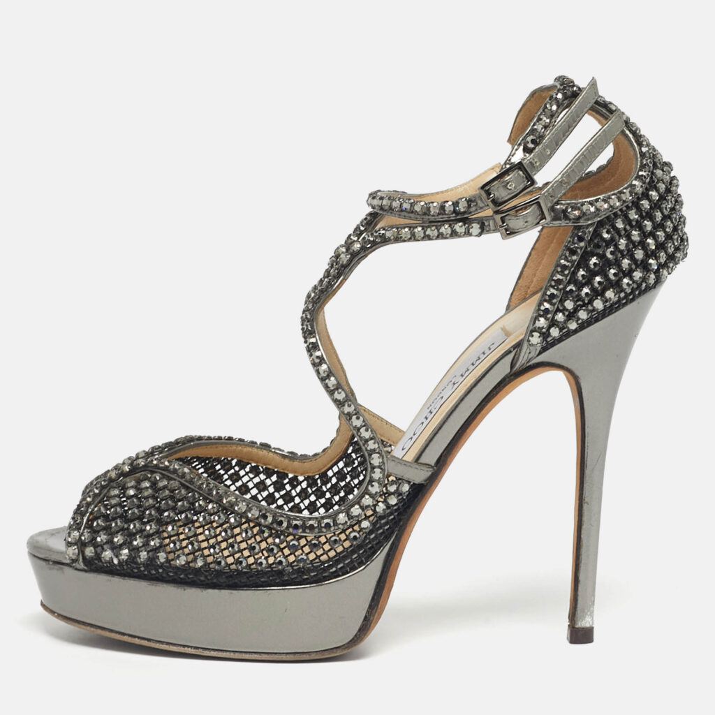 Jimmy Choo Metallic Silver Mesh And Leather Crystal Embellished Ankle Strap Sandals Size 38 Jimmy Choo Metallic Silver Mesh And Leather Crystal Embellished Ankle Strap Sandals Size 38