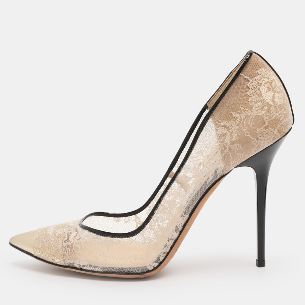 Jimmy Choo Beige/Gold Patent Leather and PVC Lace Pumps Size 39