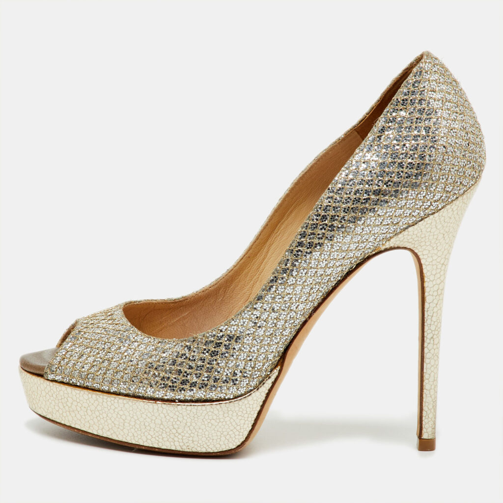 Jimmy Choo Metallic Gold Glitter Luna Peep Toe Platform Pumps Size 38.5